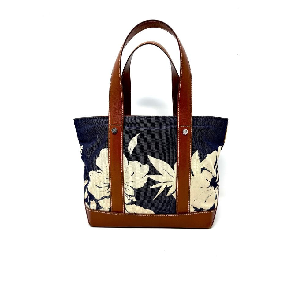 Celine Y2K 2004 hibiscus Blue Print Floral Canvas and Brown Leather bag - Picture 2 of 11